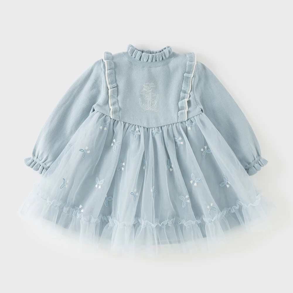 Dave Bella Elegant Dress For Girls Spring Children Sweater Princess Mesh Dress Long Sleeve Charm Outdoor Kids Clothing DB1260706