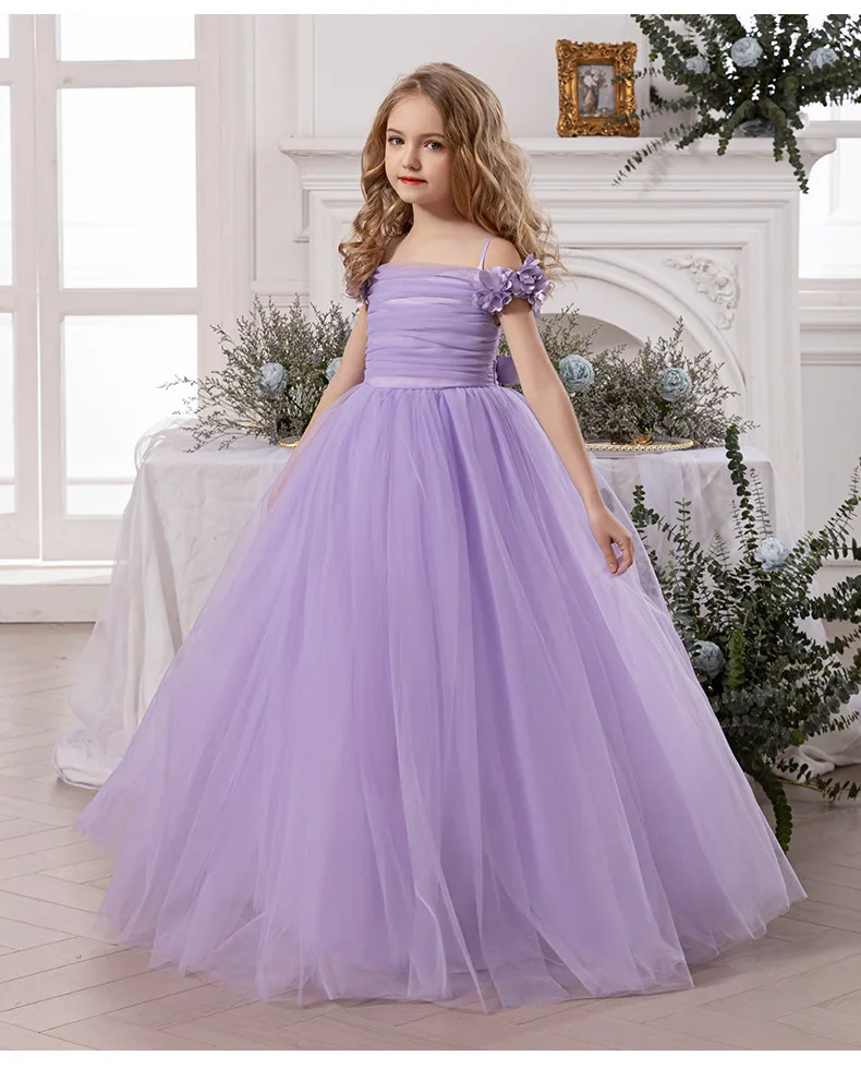 Girls' Purple Princess Dress with Petal Sleeves – Spaghetti Strap Formal Gown for Piano Recitals Toddler Girl Clothes