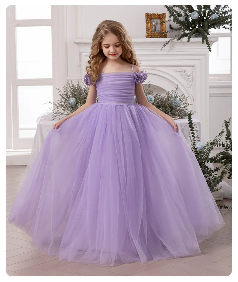 Girls' Purple Princess Dress with Petal Sleeves – Spaghetti Strap Formal Gown for Piano Recitals Toddler Girl Clothes