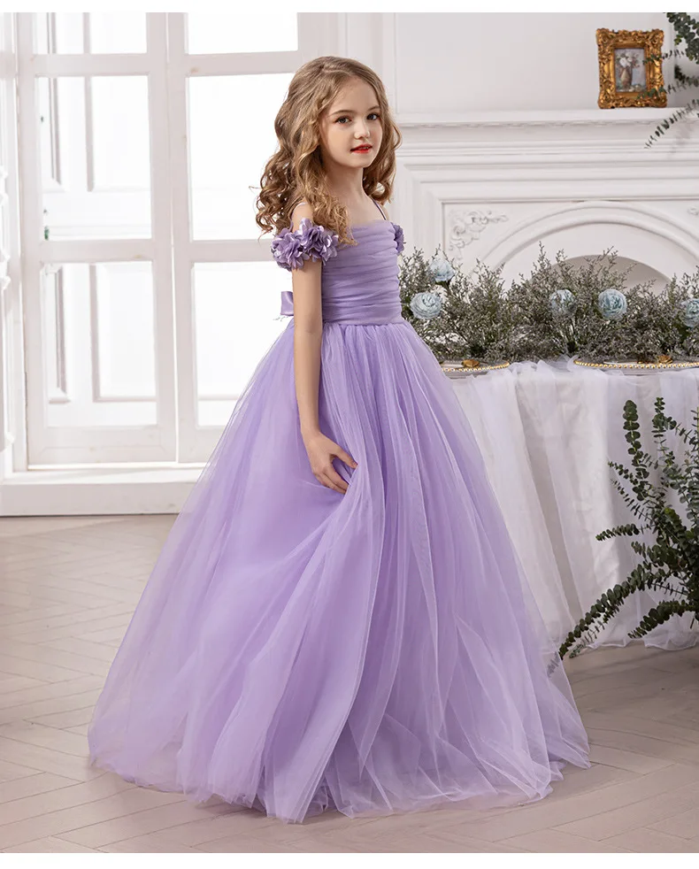 Girls' Purple Princess Dress with Petal Sleeves – Spaghetti Strap Formal Gown for Piano Recitals Toddler Girl Clothes