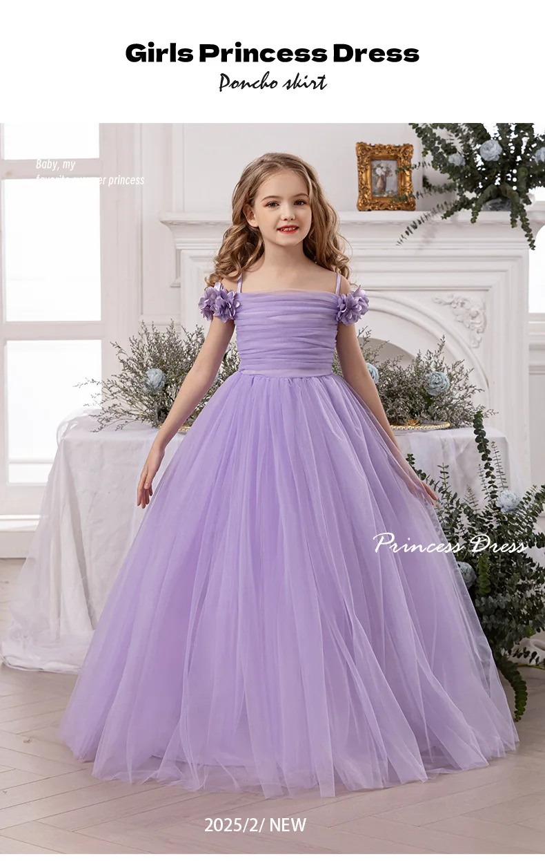 Girls' Purple Princess Dress with Petal Sleeves – Spaghetti Strap Formal Gown for Piano Recitals Toddler Girl Clothes