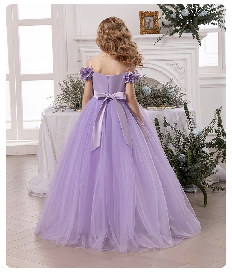 Girls' Purple Princess Dress with Petal Sleeves – Spaghetti Strap Formal Gown for Piano Recitals Toddler Girl Clothes