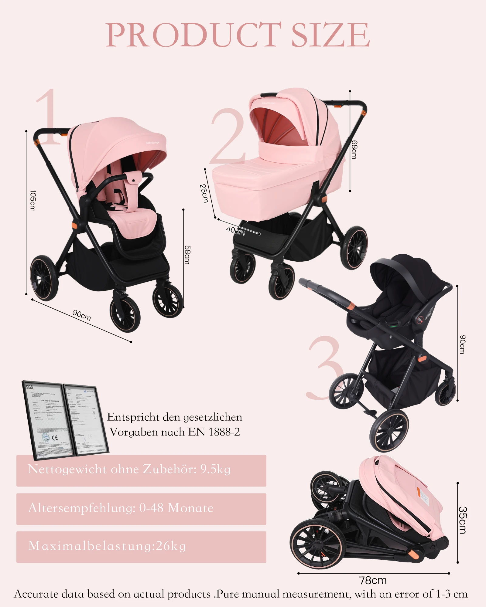 Pink Multifunctional Baby Stroller Travel System Lightweight Frame Folding Gray with Car Seat Carrycot - Easy to Carry