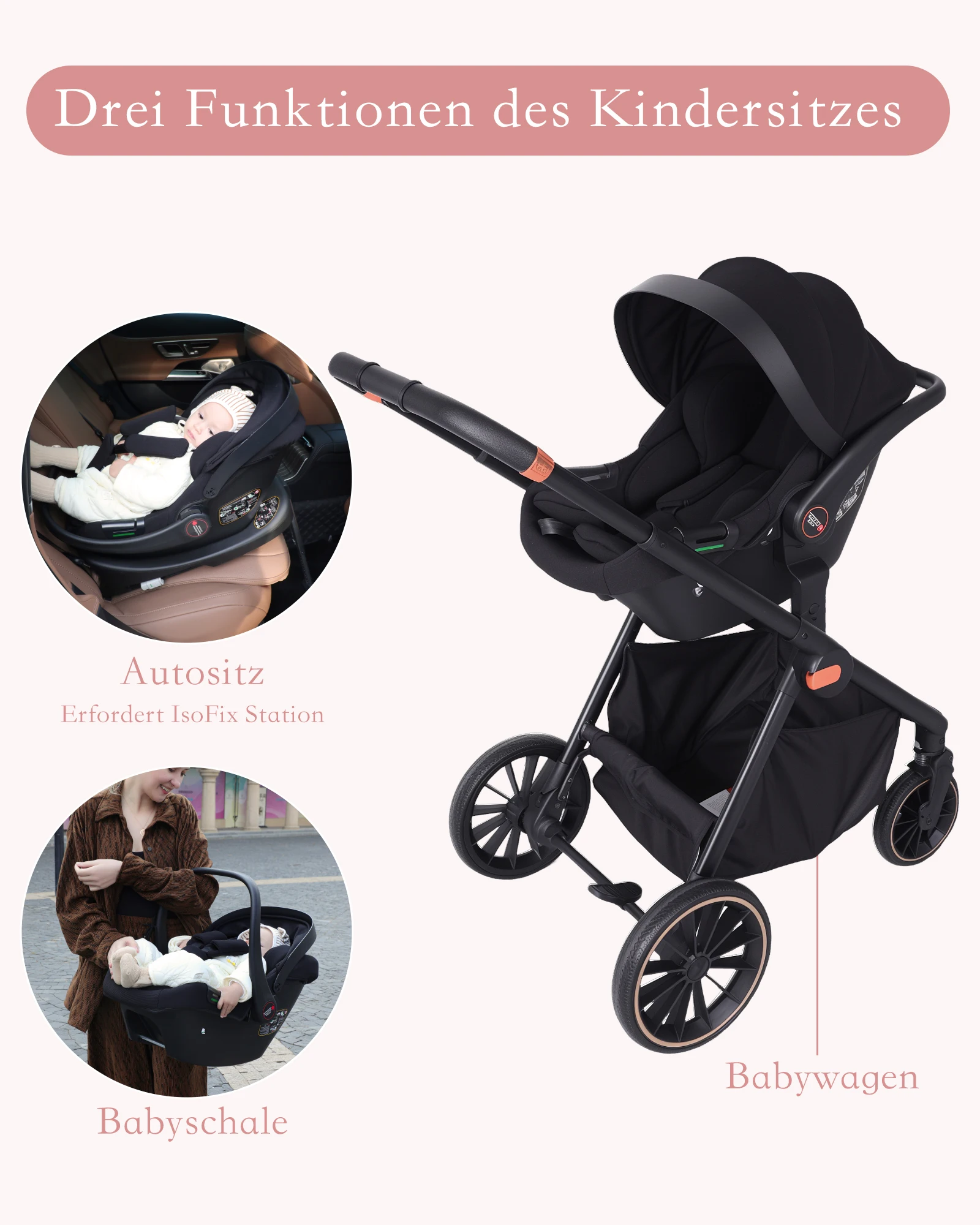 Pink Multifunctional Baby Stroller Travel System Lightweight Frame Folding Gray with Car Seat Carrycot - Easy to Carry