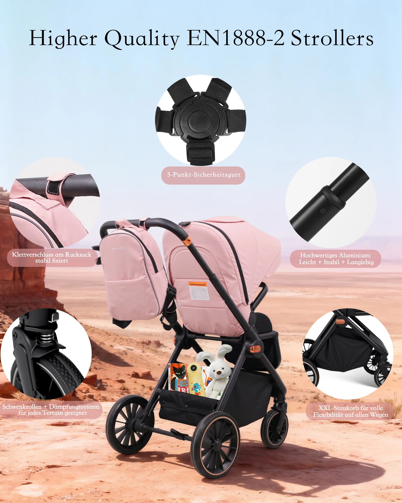 Pink Multifunctional Baby Stroller Travel System Lightweight Frame Folding Gray with Car Seat Carrycot - Easy to Carry