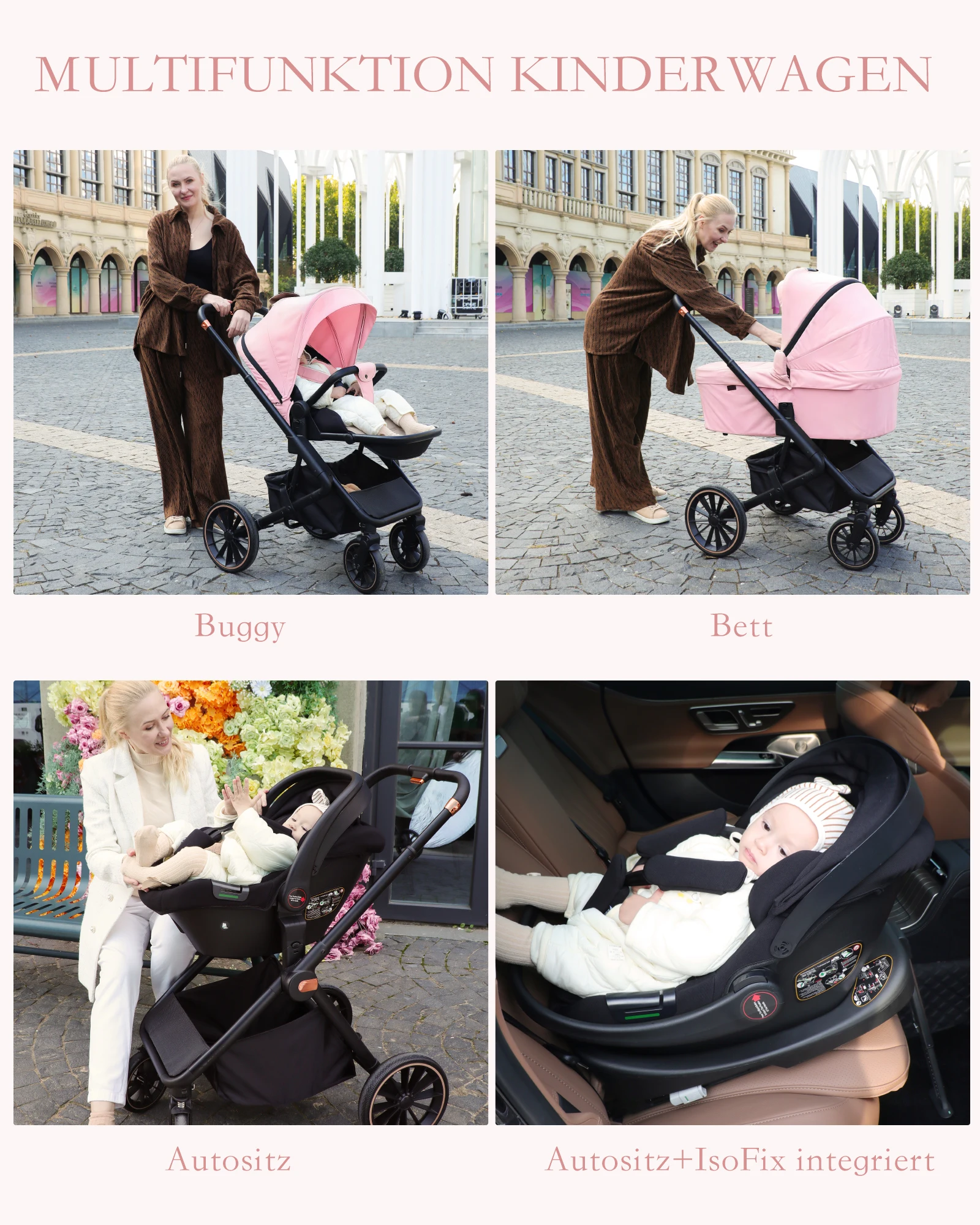 Pink Multifunctional Baby Stroller Travel System Lightweight Frame Folding Gray with Car Seat Carrycot - Easy to Carry