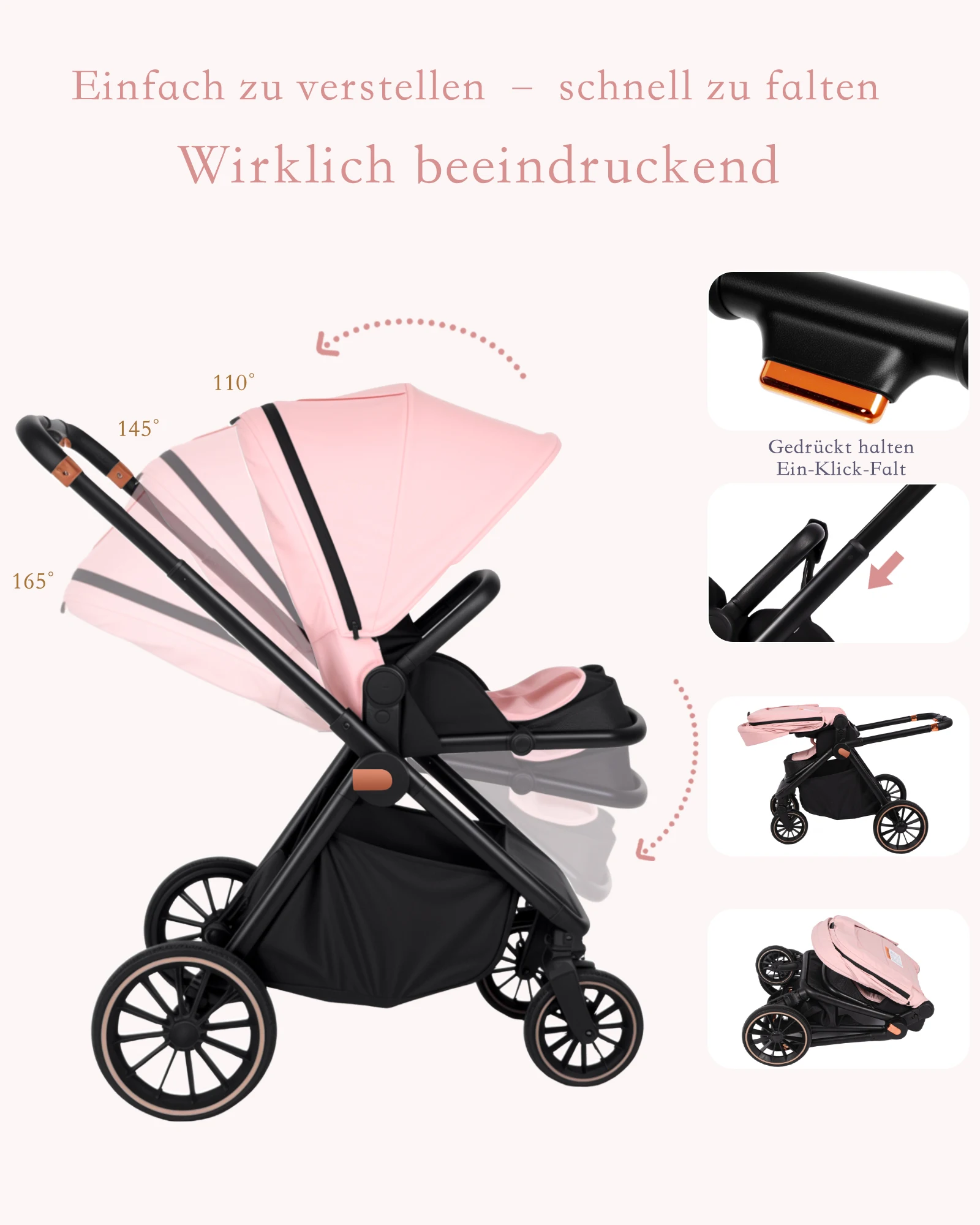 Pink Multifunctional Baby Stroller Travel System Lightweight Frame Folding Gray with Car Seat Carrycot - Easy to Carry