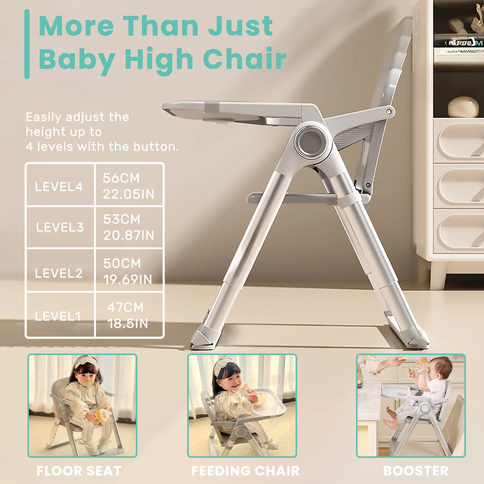 3-in-1 Convertible Portable Dining Booster Seat, Adjustable Foldable Baby High Chair with Detachable Double-Layer Dinner Plate, Lightweight Travel Toddler Feeding Highchair, Sturdy Safe Indoor Outdoor Baby Dining Furniture in Grey