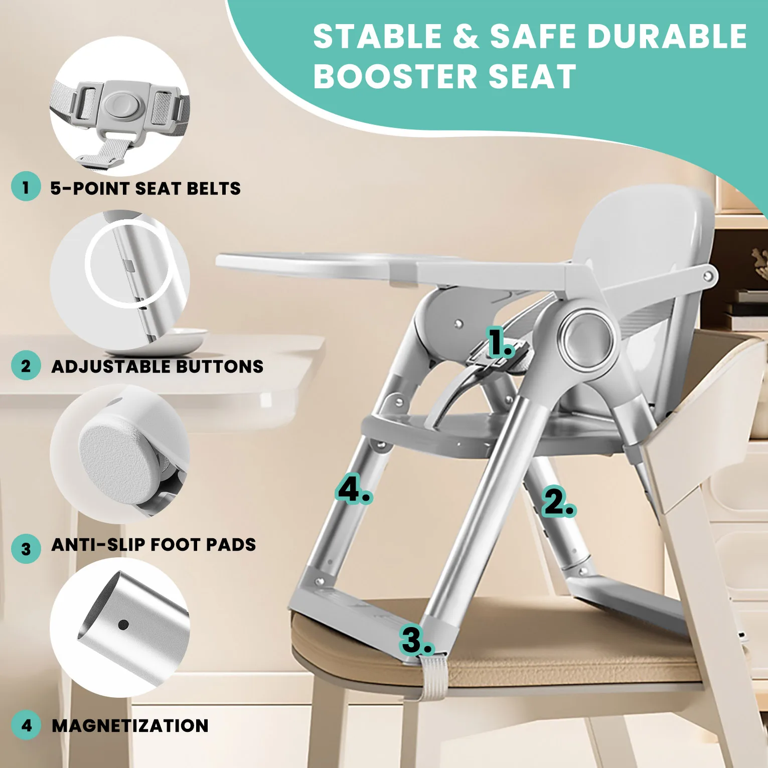 3-in-1 Convertible Portable Dining Booster Seat, Adjustable Foldable Baby High Chair with Detachable Double-Layer Dinner Plate, Lightweight Travel Toddler Feeding Highchair, Sturdy Safe Indoor Outdoor Baby Dining Furniture in Grey