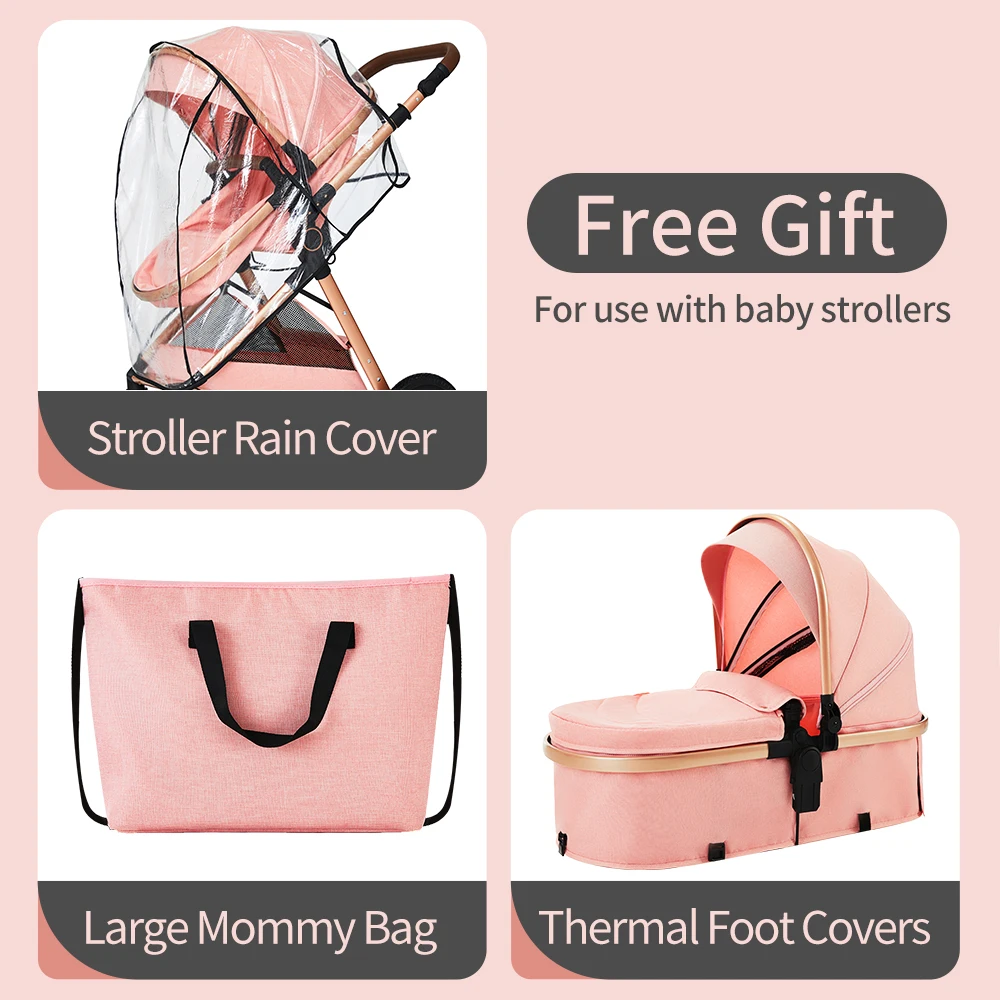 Foldable Infant Pram with Large Basket, Zippered Canopy & Adjustable Handle, 2-in-1 Baby Carriage for Daily Walks