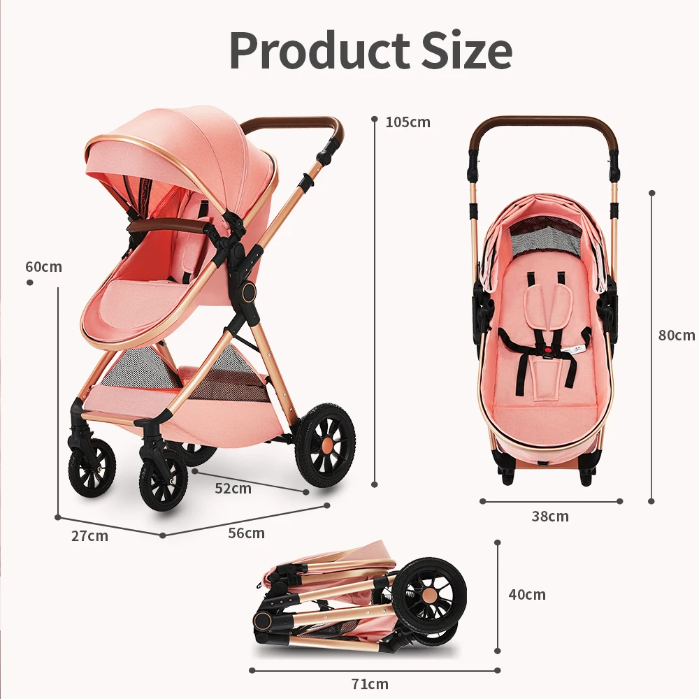 Foldable Infant Pram with Large Basket, Zippered Canopy & Adjustable Handle, 2-in-1 Baby Carriage for Daily Walks