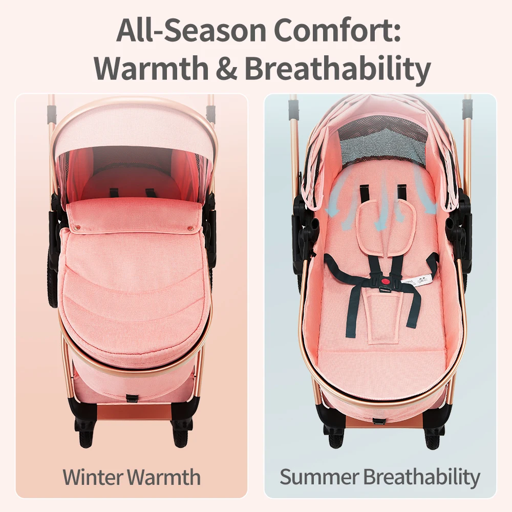 Foldable Infant Pram with Large Basket, Zippered Canopy & Adjustable Handle, 2-in-1 Baby Carriage for Daily Walks