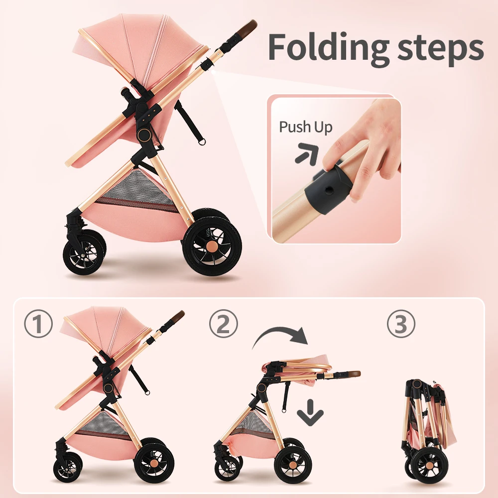 Foldable Infant Pram with Large Basket, Zippered Canopy & Adjustable Handle, 2-in-1 Baby Carriage for Daily Walks
