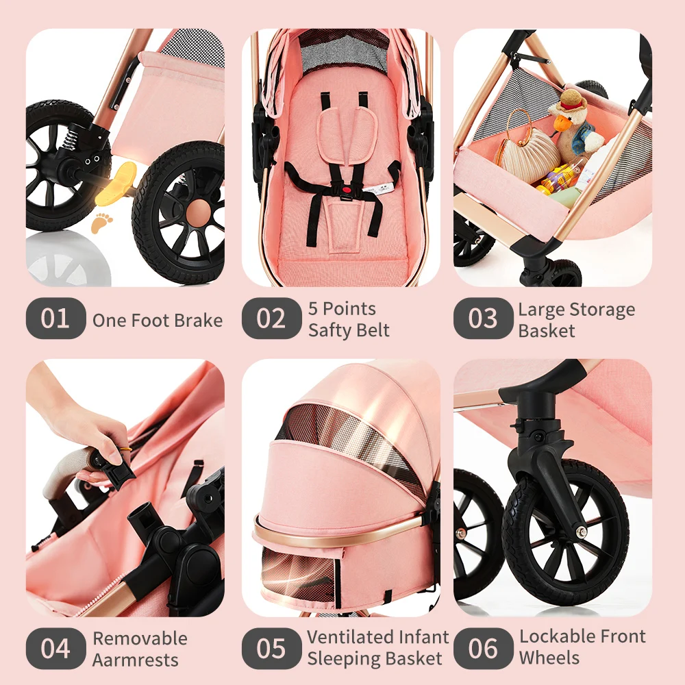 Foldable Infant Pram with Large Basket, Zippered Canopy & Adjustable Handle, 2-in-1 Baby Carriage for Daily Walks