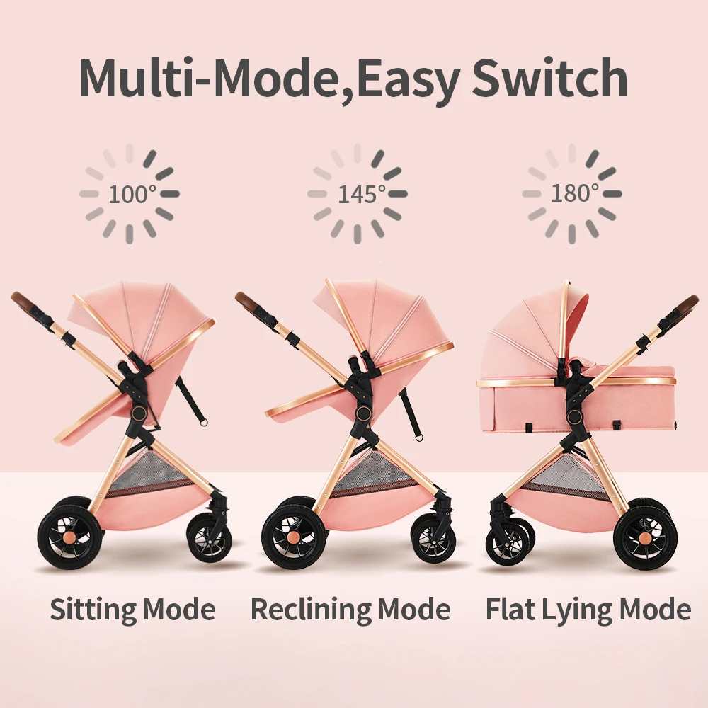 Foldable Infant Pram with Large Basket, Zippered Canopy & Adjustable Handle, 2-in-1 Baby Carriage for Daily Walks