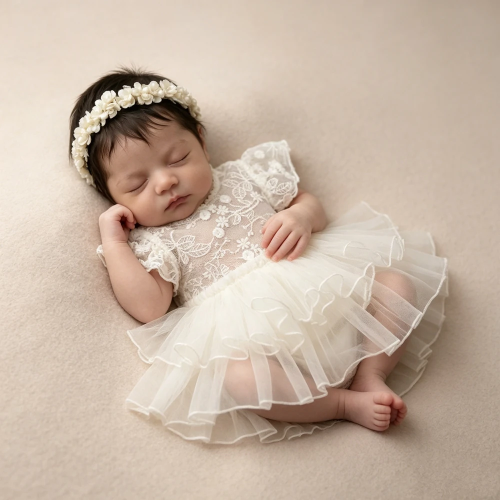 Vintage Newborn Photography Props Cream Lace Romper Ruffle Skirt Infant Photoshoot Costume Princess Studio Wardrobe