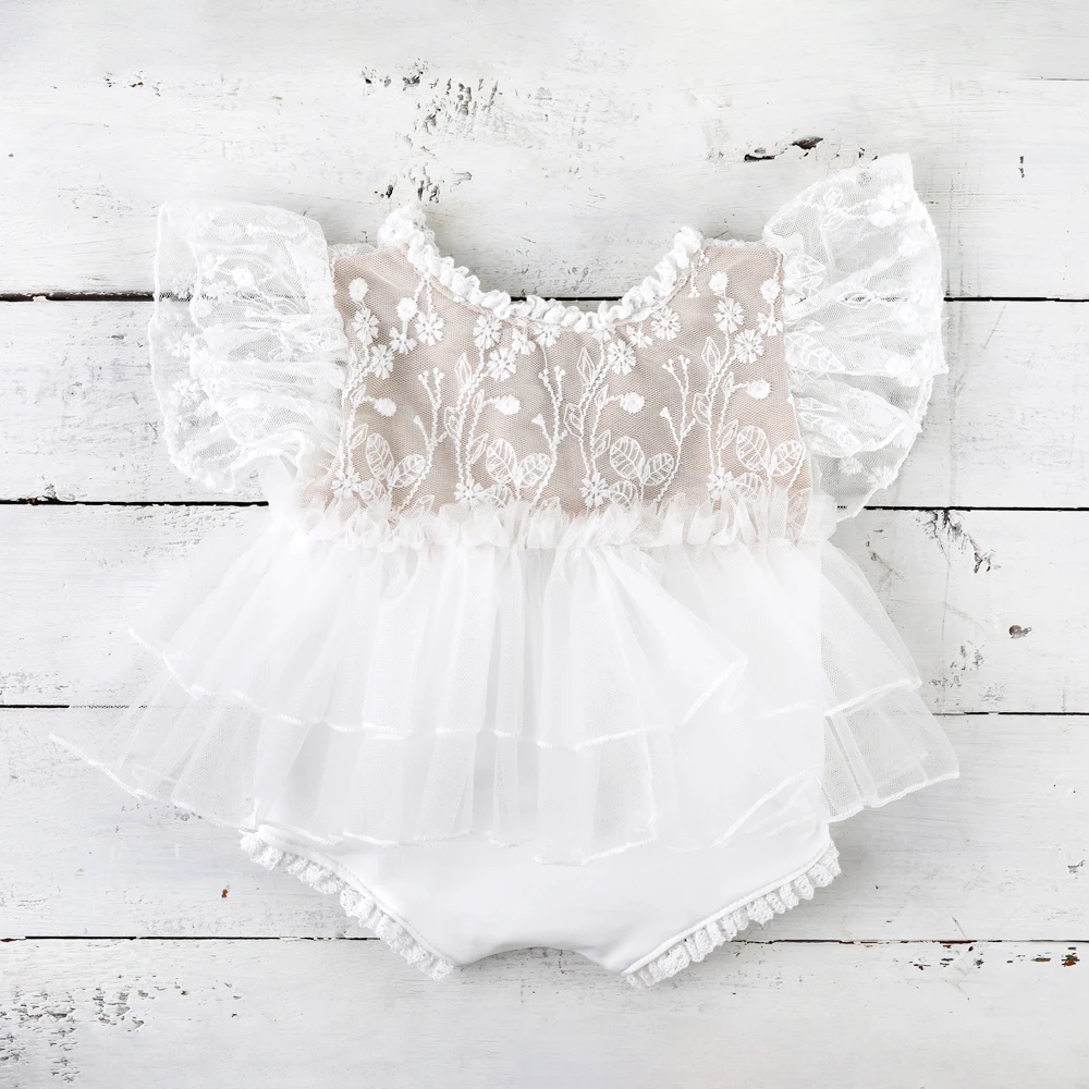 Vintage Newborn Photography Props Cream Lace Romper Ruffle Skirt Infant Photoshoot Costume Princess Studio Wardrobe