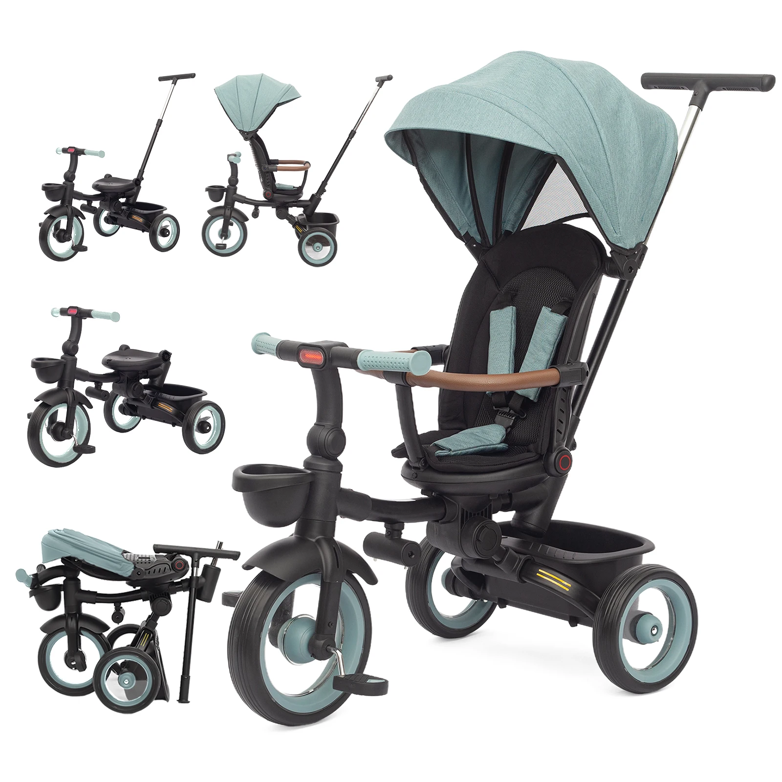 7 in 1 Foldable Baby Tricycle for Kids Aged 6M+ to 5 Years, All-Terrain Stroll & Steer Bike Stroller