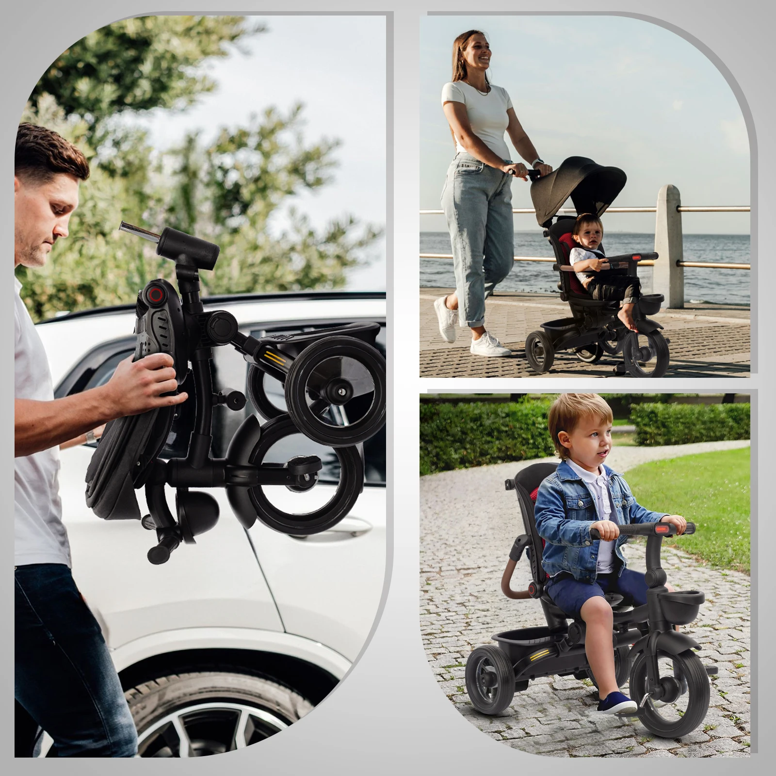 7 in 1 Foldable Baby Tricycle for Kids Aged 6M+ to 5 Years, All-Terrain Stroll & Steer Bike Stroller
