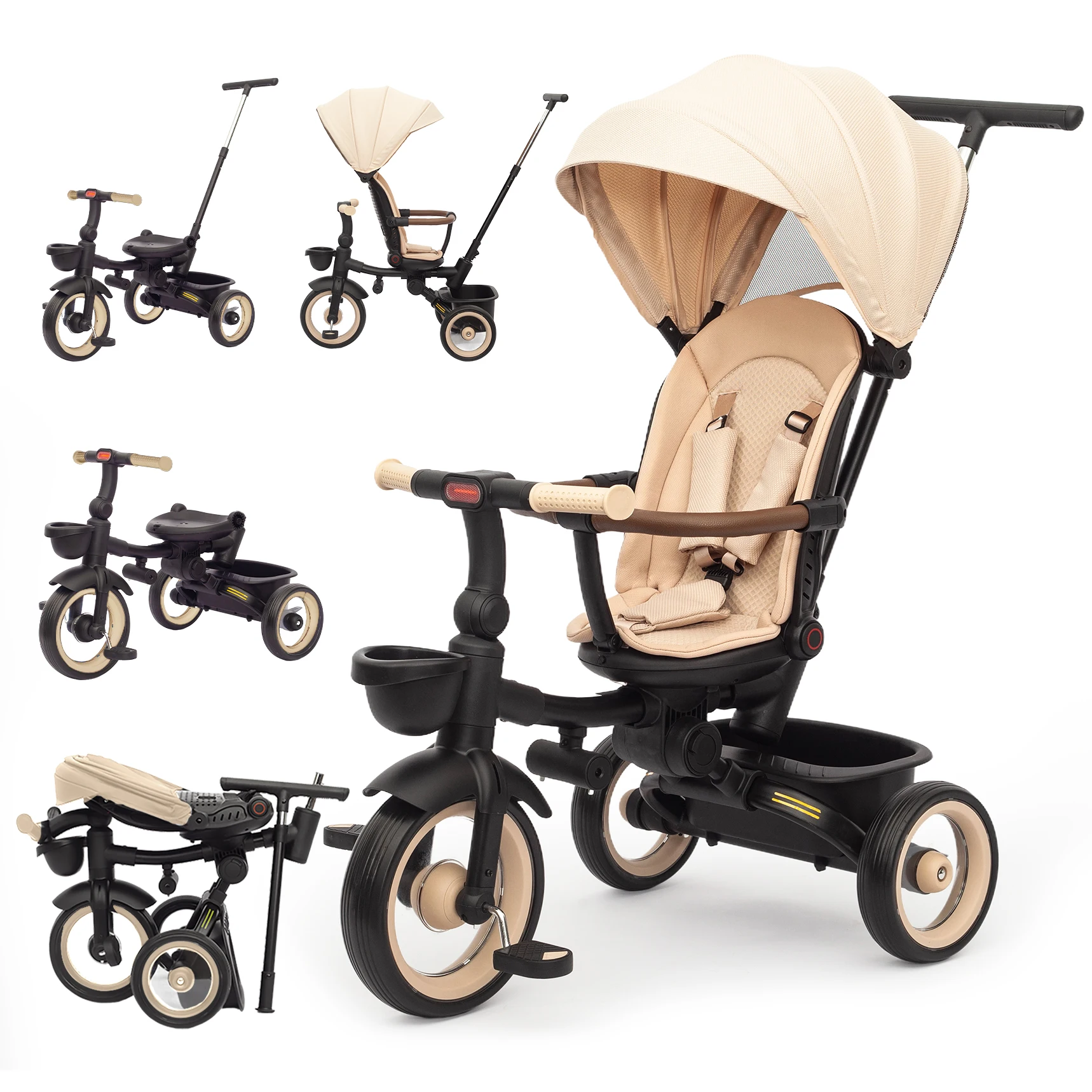 7 in 1 Foldable Baby Tricycle for Kids Aged 6M+ to 5 Years, All-Terrain Stroll & Steer Bike Stroller