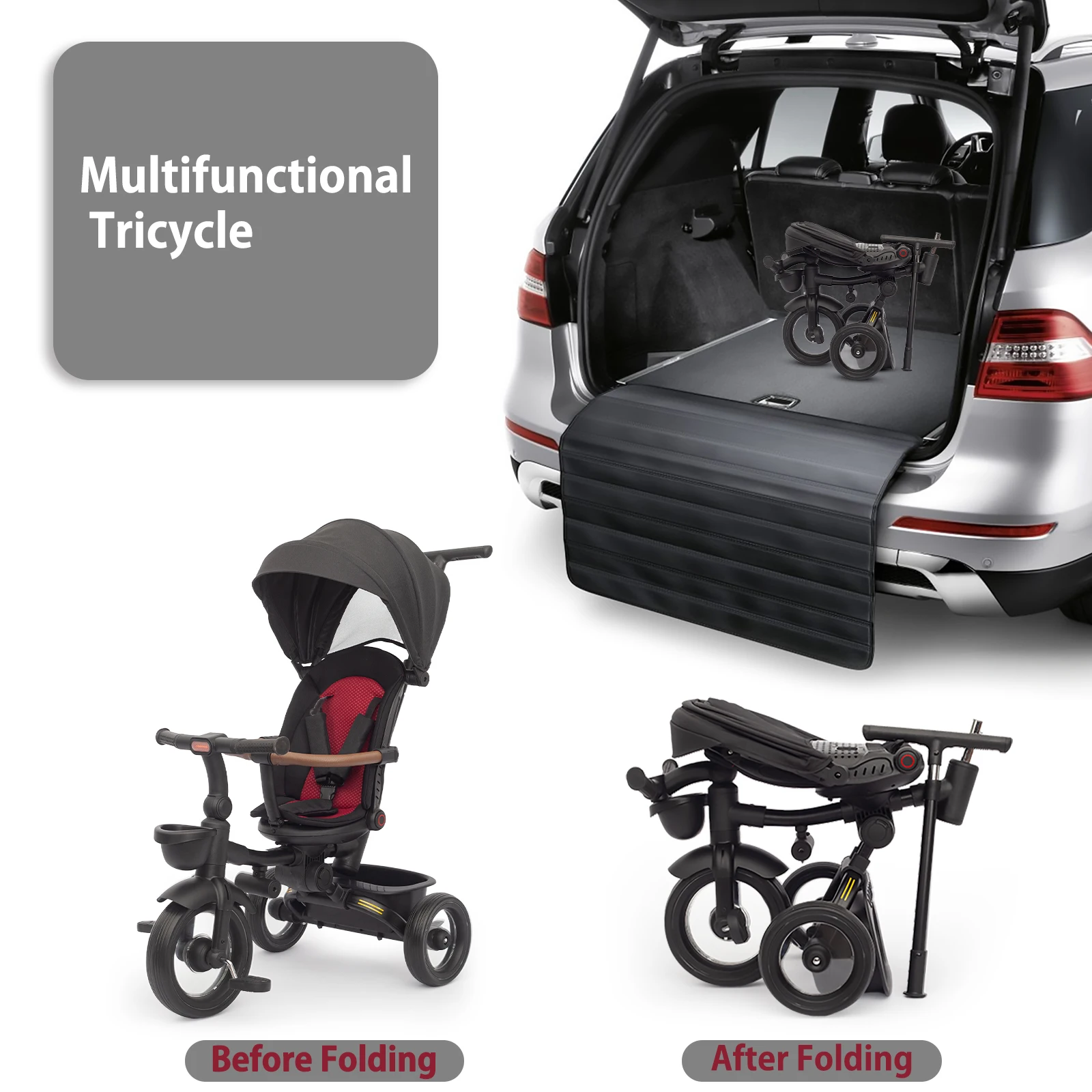 7 in 1 Foldable Baby Tricycle for Kids Aged 6M+ to 5 Years, All-Terrain Stroll & Steer Bike Stroller