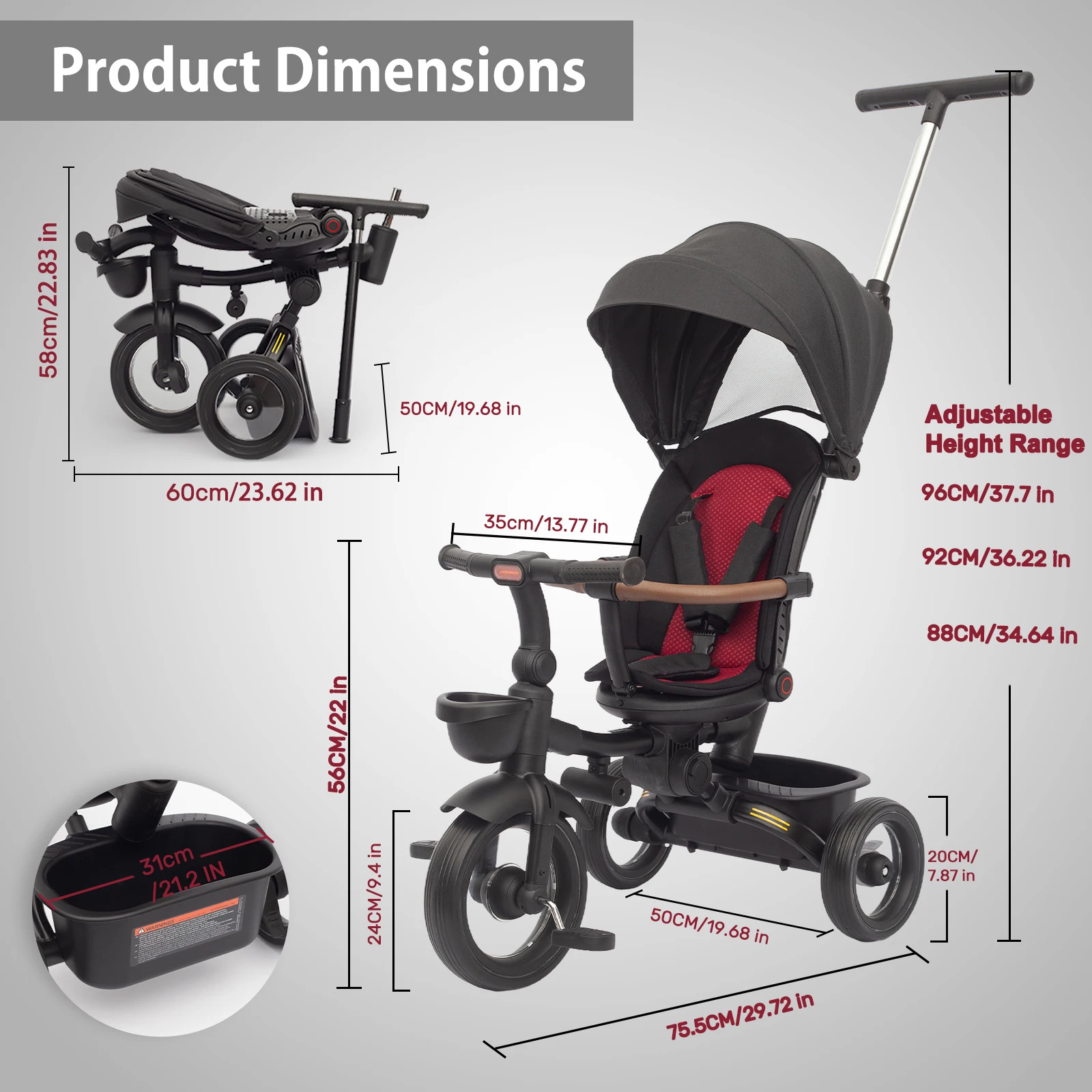 7 in 1 Foldable Baby Tricycle for Kids Aged 6M+ to 5 Years, All-Terrain Stroll & Steer Bike Stroller