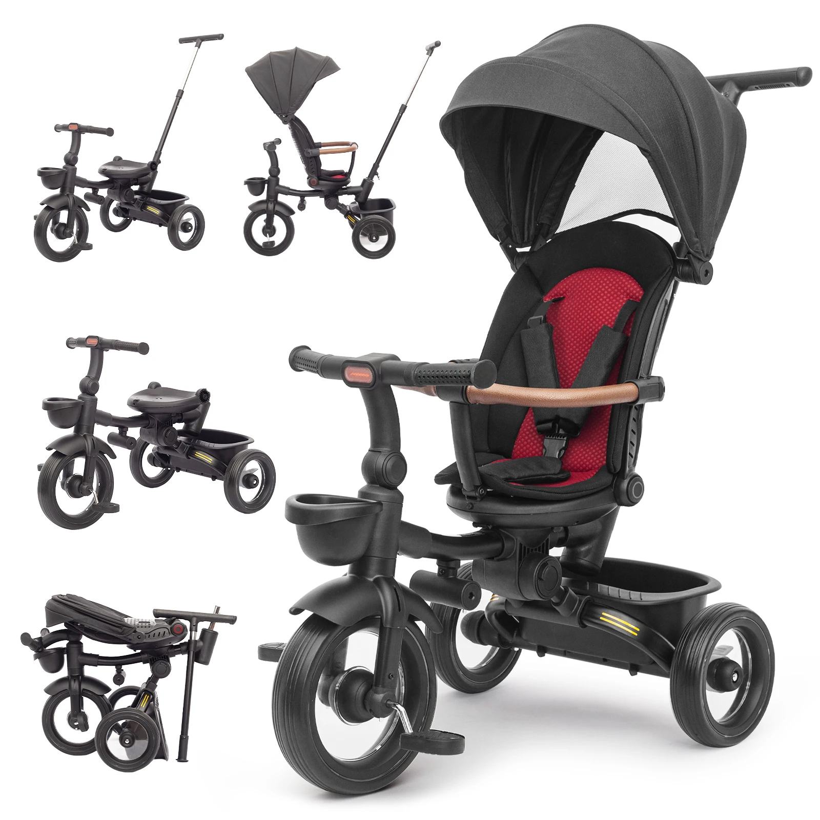 7 in 1 Foldable Baby Tricycle for Kids Aged 6M+ to 5 Years, All-Terrain Stroll & Steer Bike Stroller