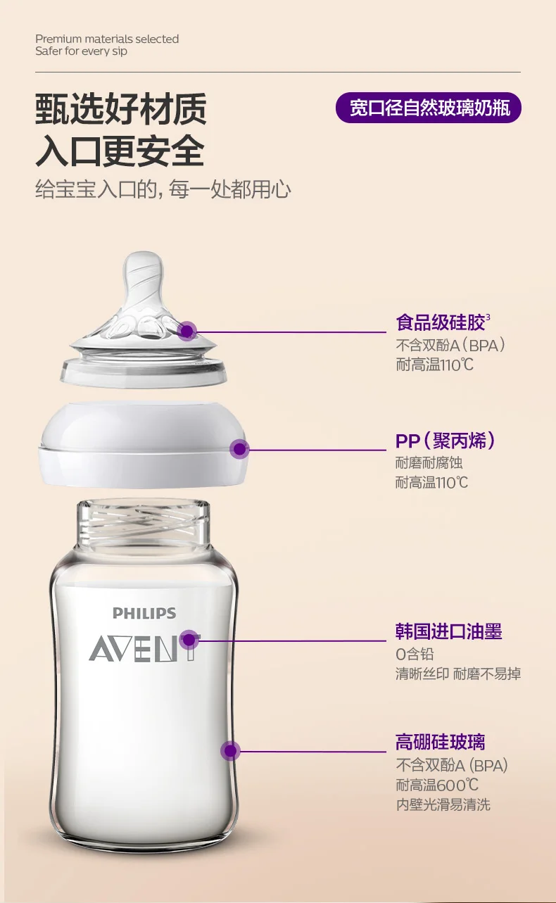 PHILIPS AVENT newborn baby Wide-mouth glass baby bottle Gift box set bottle brush 0-12 months Prevent gas build-up