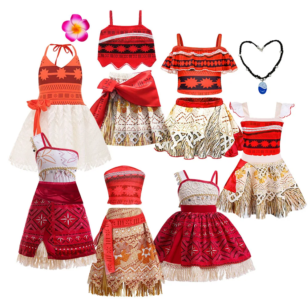 Girls Hawaiian Moana Outfit Set Flower Necklace Kids Beach Holiday Carnival Halloween Tropical Island Cosplay Party Dresses