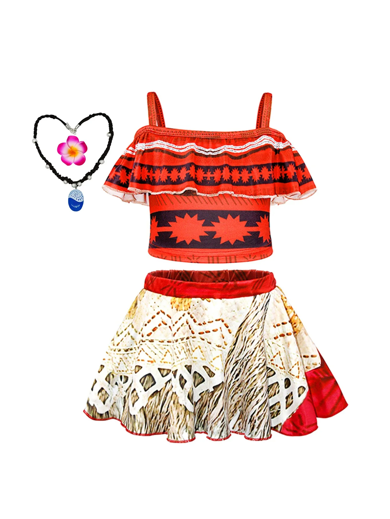 Girls Hawaiian Moana Outfit Set Flower Necklace Kids Beach Holiday Carnival Halloween Tropical Island Cosplay Party Dresses