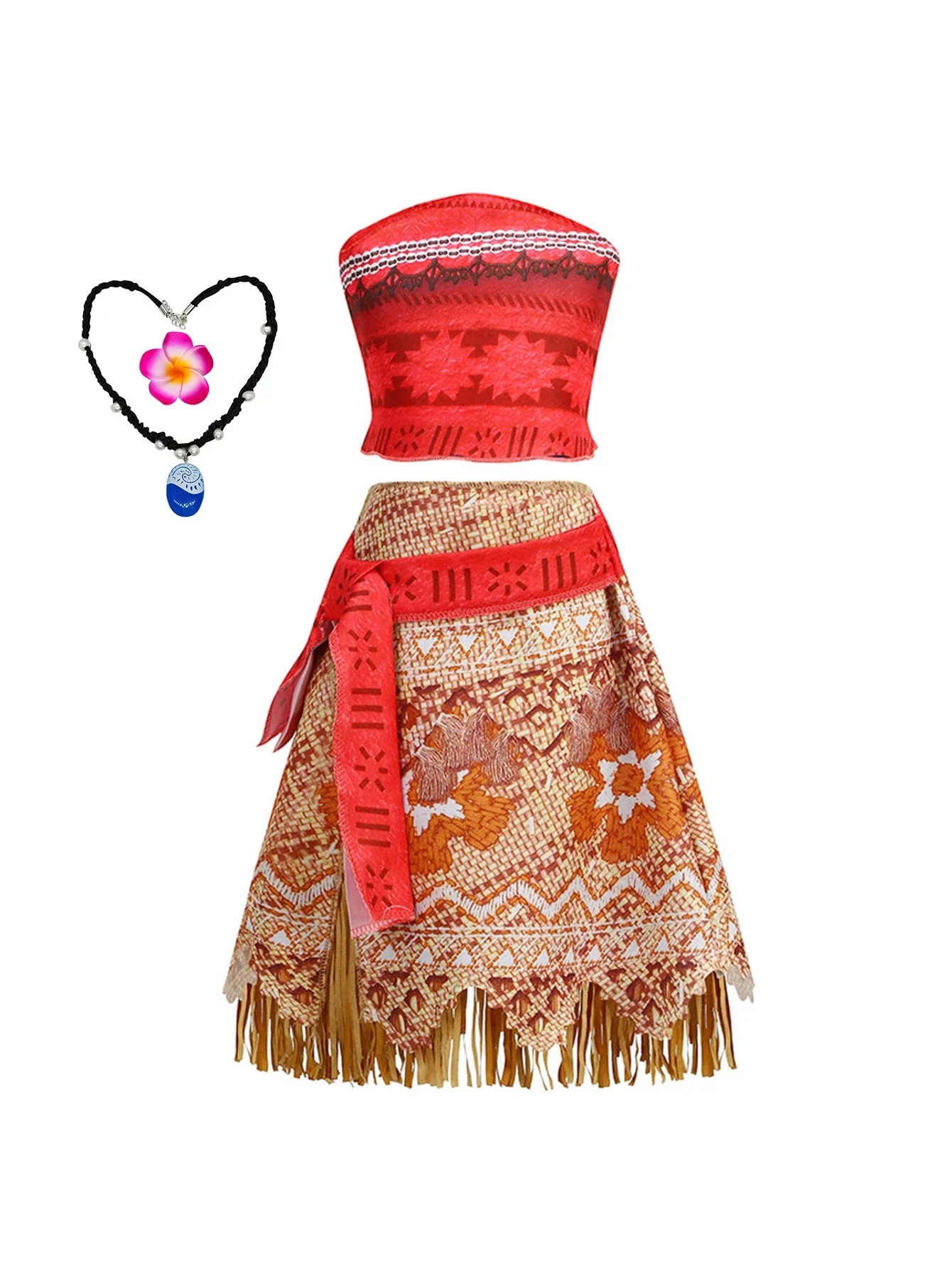 Girls Hawaiian Moana Outfit Set Flower Necklace Kids Beach Holiday Carnival Halloween Tropical Island Cosplay Party Dresses