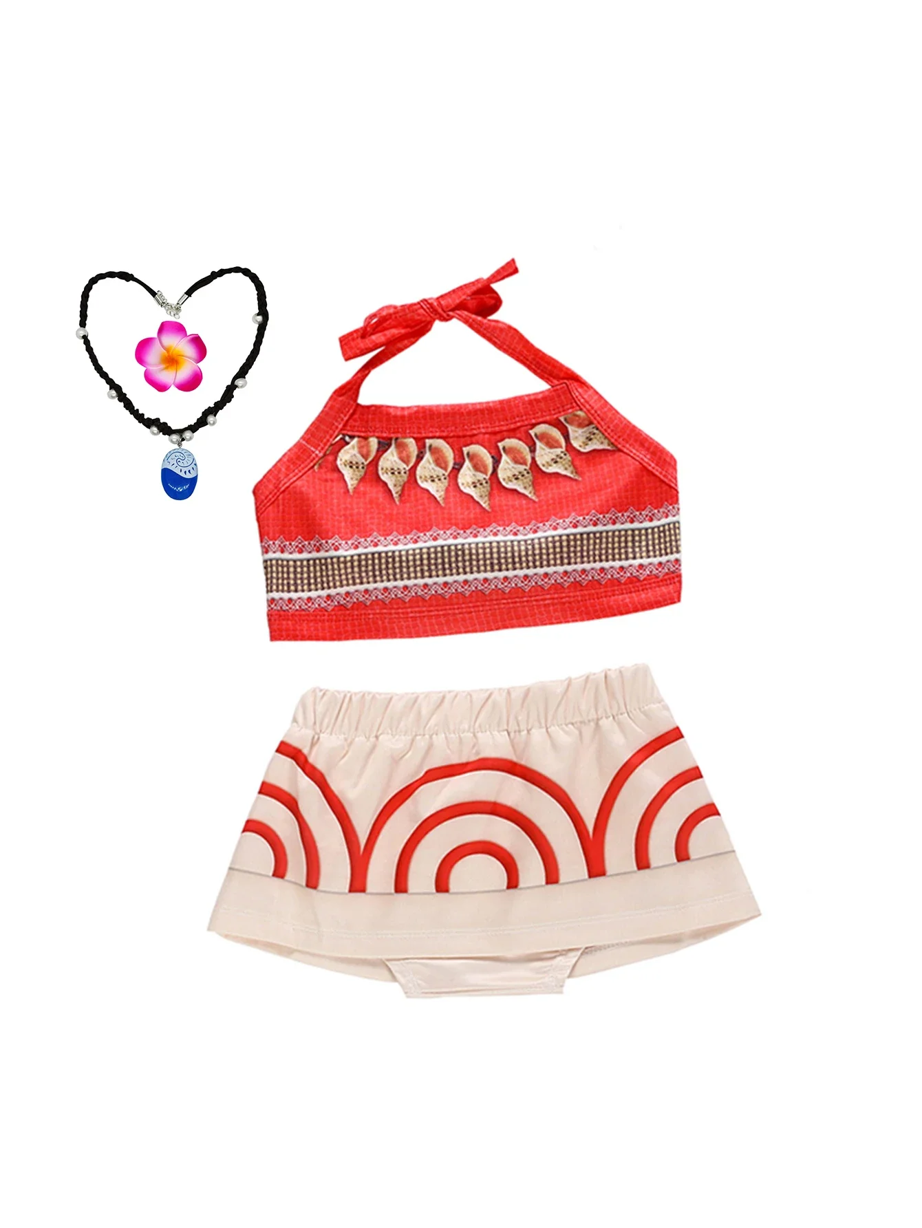 Girls Hawaiian Moana Outfit Set Flower Necklace Kids Beach Holiday Carnival Halloween Tropical Island Cosplay Party Dresses