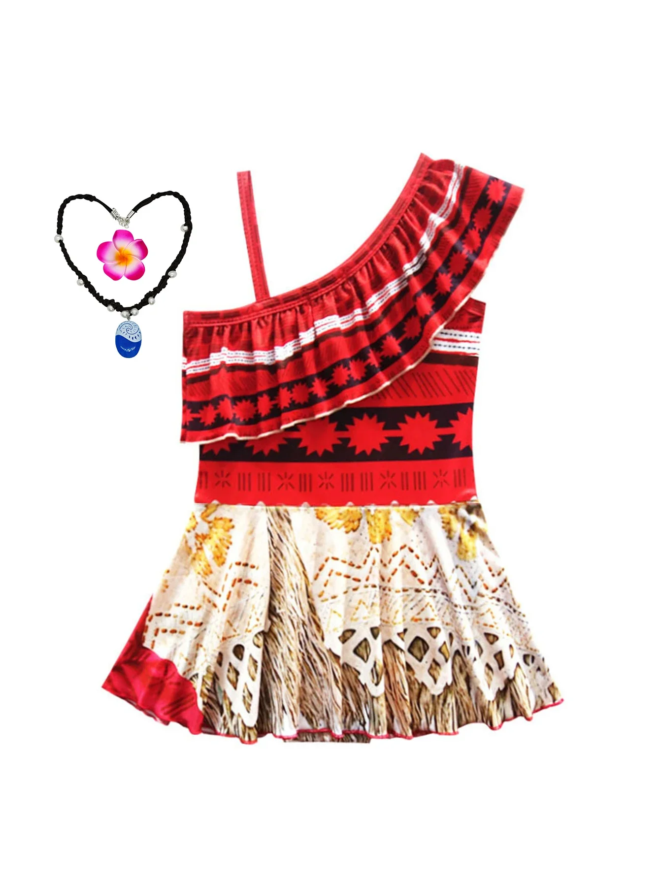 Girls Hawaiian Moana Outfit Set Flower Necklace Kids Beach Holiday Carnival Halloween Tropical Island Cosplay Party Dresses
