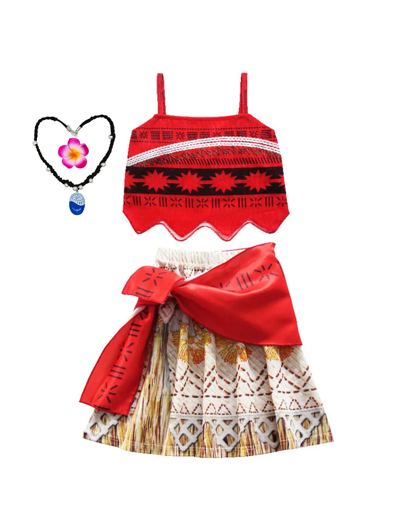 Girls Hawaiian Moana Outfit Set Flower Necklace Kids Beach Holiday Carnival Halloween Tropical Island Cosplay Party Dresses