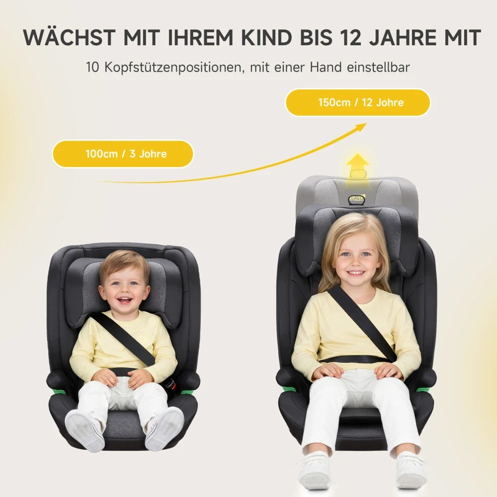 I-Size R129 Child Car Seat for Ages 3.5 To 12 (100–150 Cm), Featuring Adjustable Backrest, Headrest, and Side-impact Protection; Lightweight ISOFIX Booster Seat (Black, ISOFIX)