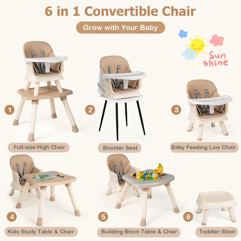 6 in 1 Baby High Chair Convertible Baby Feeding Chair Dining Room Booster Seat Table and Chair Set Black
