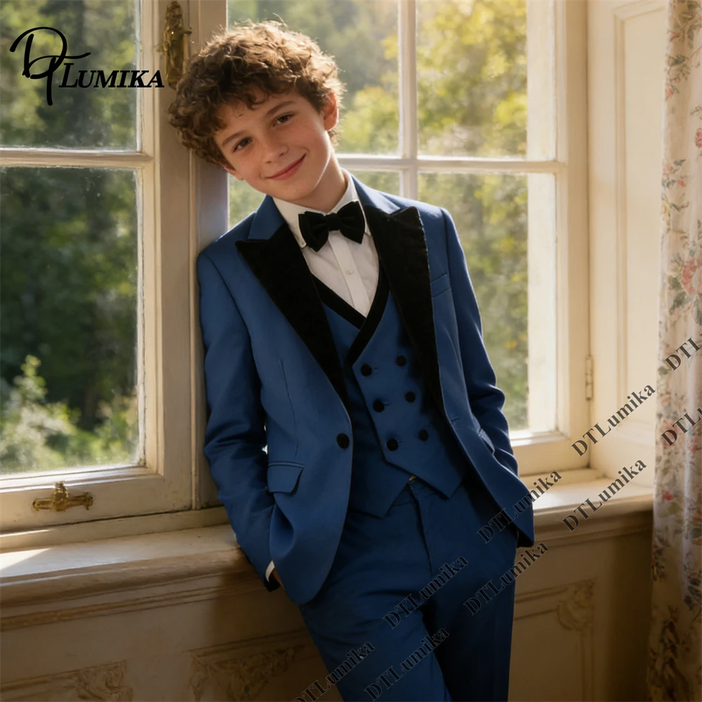 Sage Green Boys 3Pcs Suit Velvet Lapel Jacket Vest Pants Toddler Page Boy Outfit 3T-14T Wedding Birthday Graduation Costume