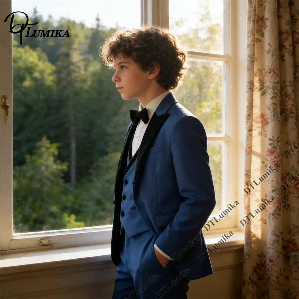 Sage Green Boys 3Pcs Suit Velvet Lapel Jacket Vest Pants Toddler Page Boy Outfit 3T-14T Wedding Birthday Graduation Costume