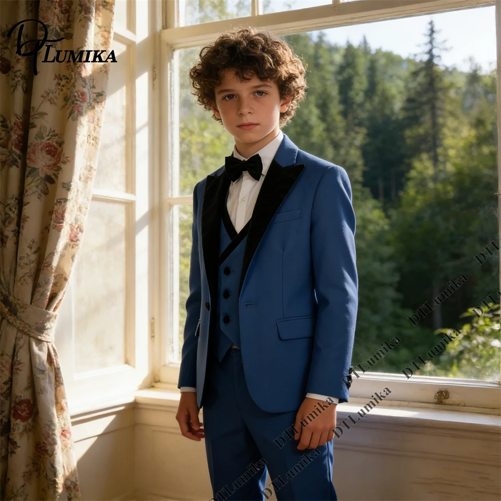 Sage Green Boys 3Pcs Suit Velvet Lapel Jacket Vest Pants Toddler Page Boy Outfit 3T-14T Wedding Birthday Graduation Costume