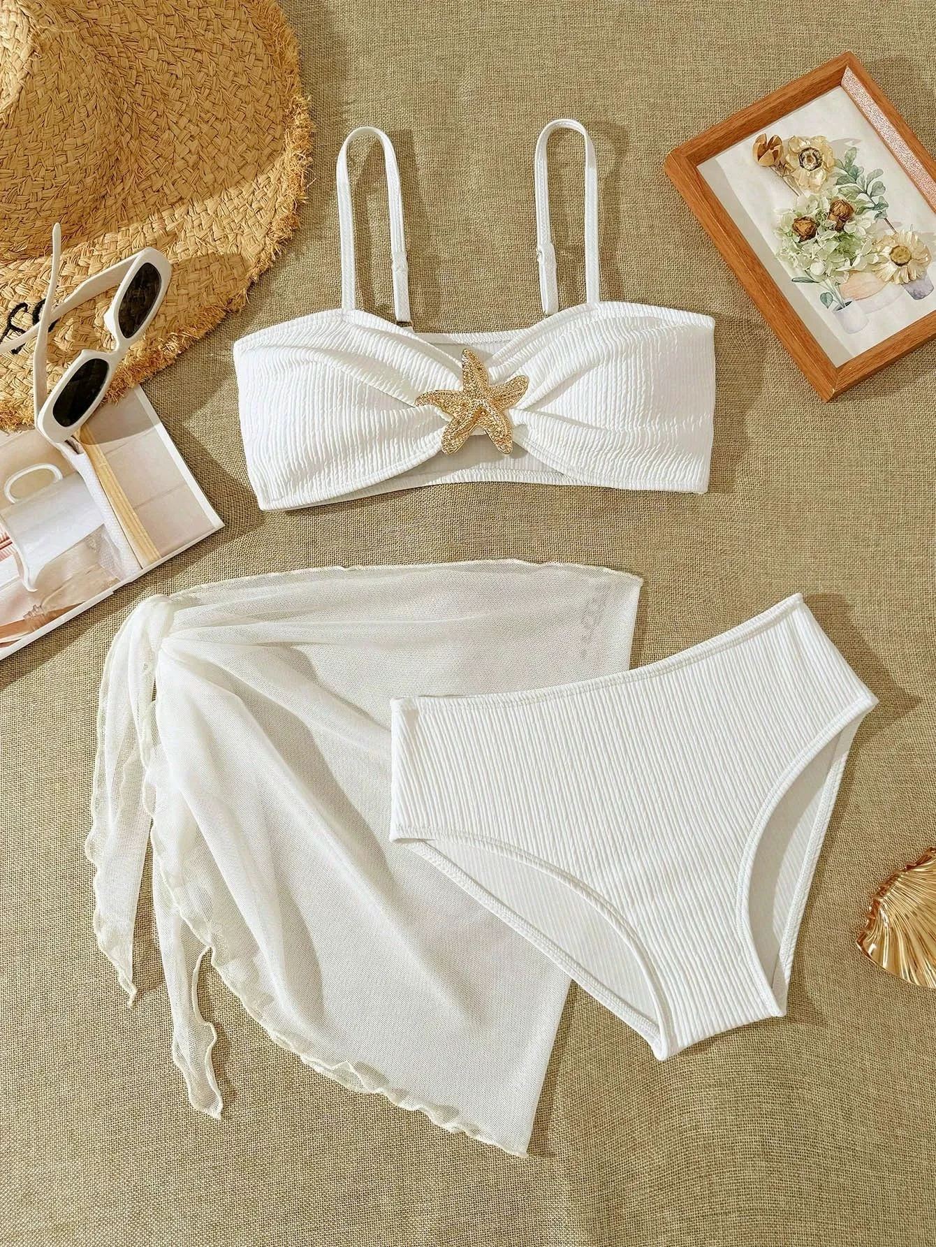Teen Girl's Swimsuit 3pcs Bikini Set Bathing Suit for Girls 7-16 Years Thin Straps Summer Outfits  Beach Swimwear Soild Color