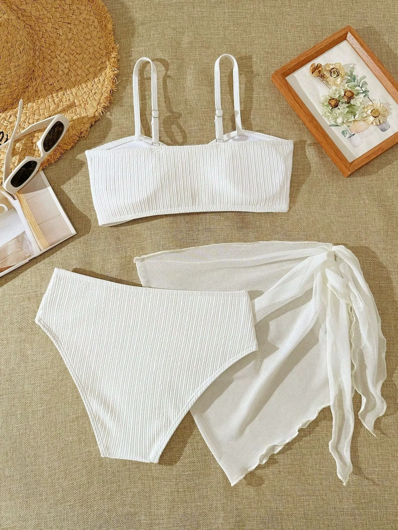 Teen Girl's Swimsuit 3pcs Bikini Set Bathing Suit for Girls 7-16 Years Thin Straps Summer Outfits  Beach Swimwear Soild Color