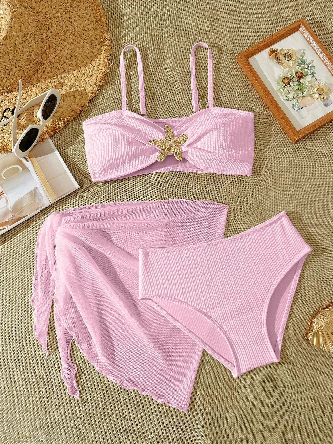 Teen Girl's Swimsuit 3pcs Bikini Set Bathing Suit for Girls 7-16 Years Thin Straps Summer Outfits  Beach Swimwear Soild Color