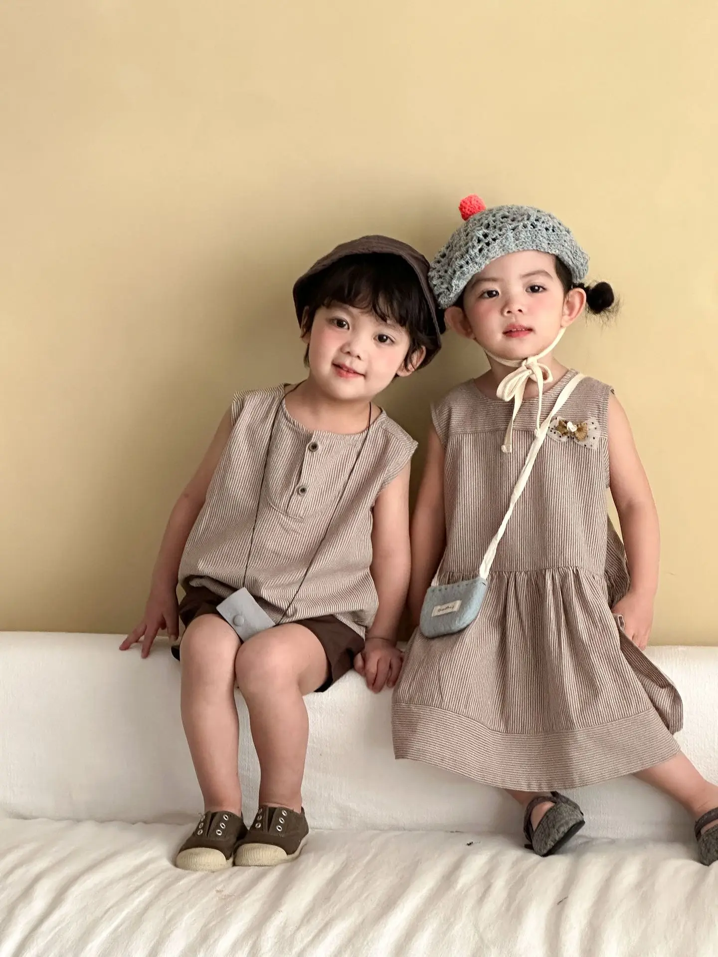 2026 Summer New Children Sleeveless Clothes Set Boys Striped Tops + Shorts 2pcs Suit Girls Vest Dress Brother Sisters Outfit