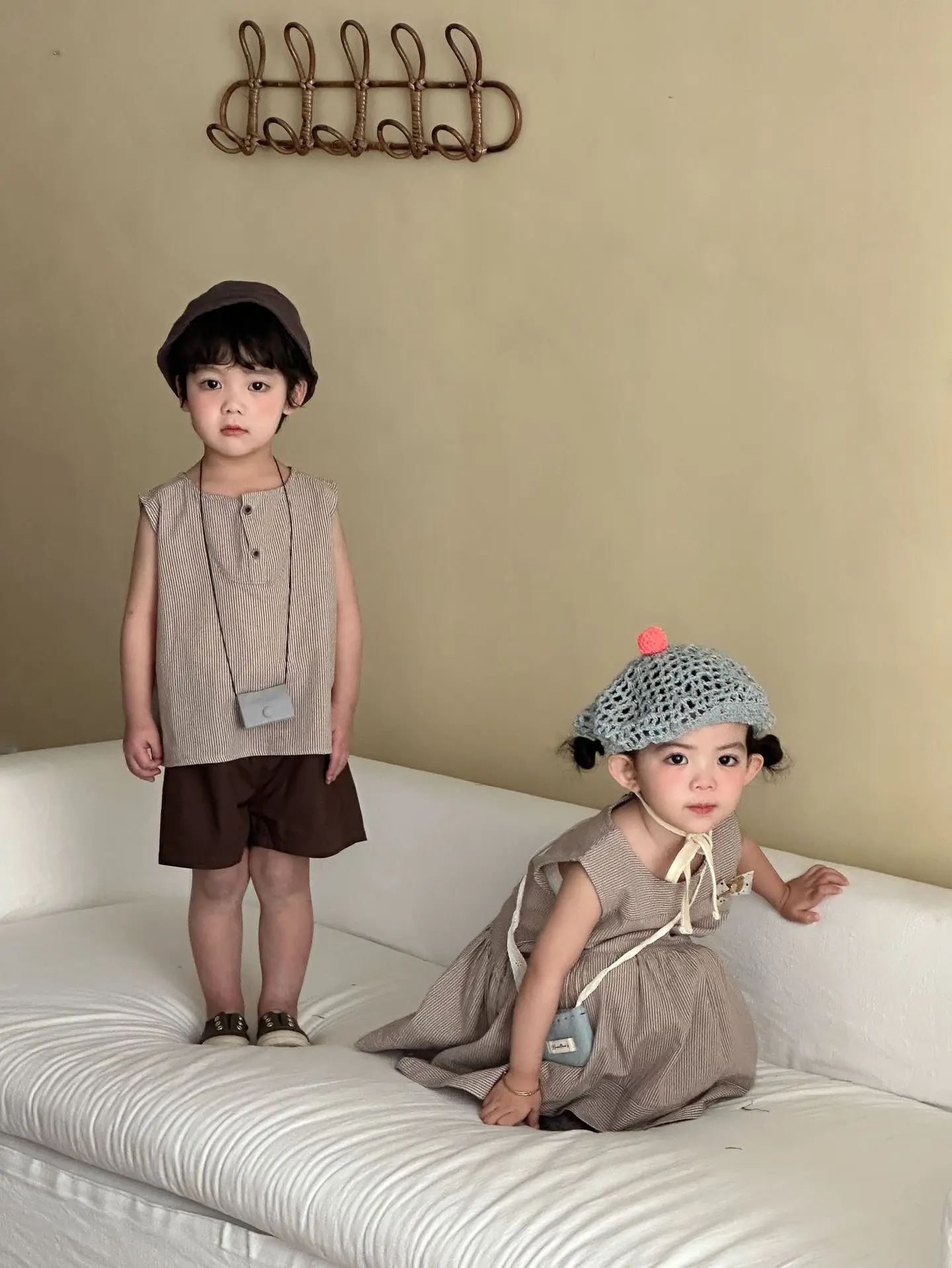 2026 Summer New Children Sleeveless Clothes Set Boys Striped Tops + Shorts 2pcs Suit Girls Vest Dress Brother Sisters Outfit