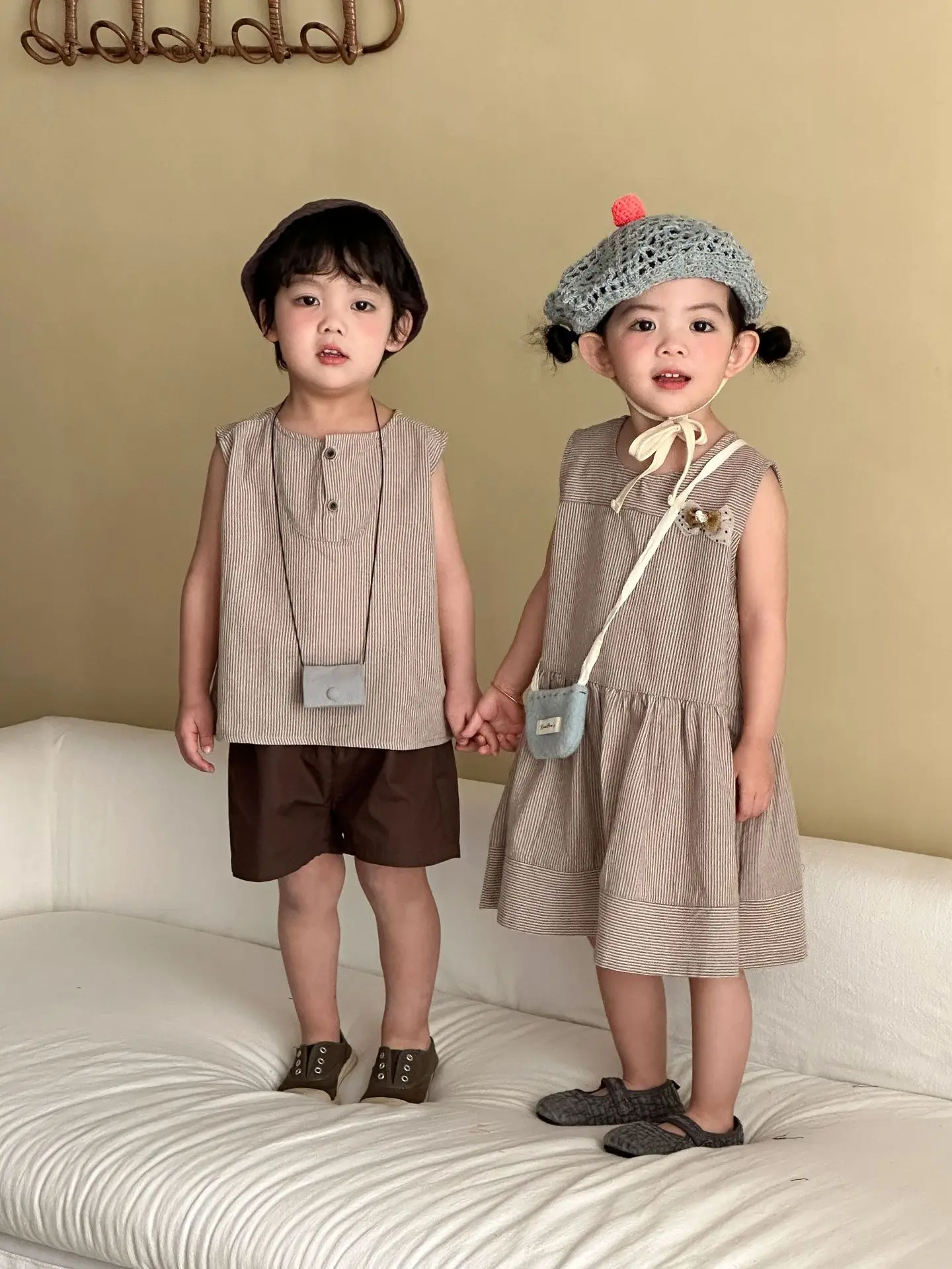 2026 Summer New Children Sleeveless Clothes Set Boys Striped Tops + Shorts 2pcs Suit Girls Vest Dress Brother Sisters Outfit