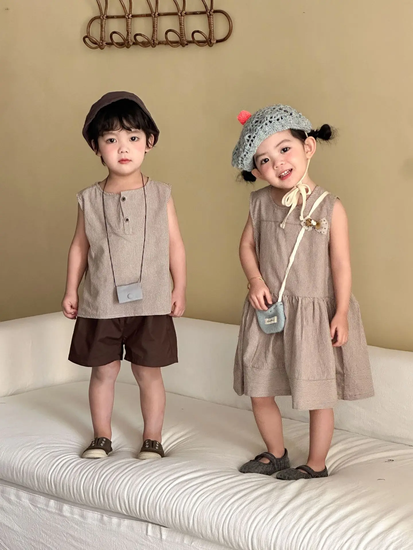 2026 Summer New Children Sleeveless Clothes Set Boys Striped Tops + Shorts 2pcs Suit Girls Vest Dress Brother Sisters Outfit