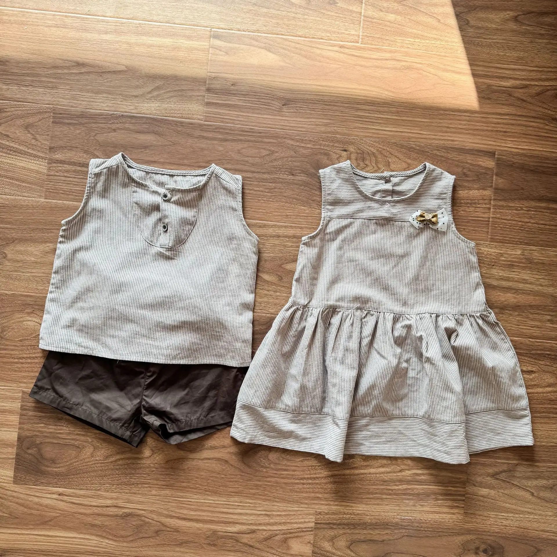 2026 Summer New Children Sleeveless Clothes Set Boys Striped Tops + Shorts 2pcs Suit Girls Vest Dress Brother Sisters Outfit