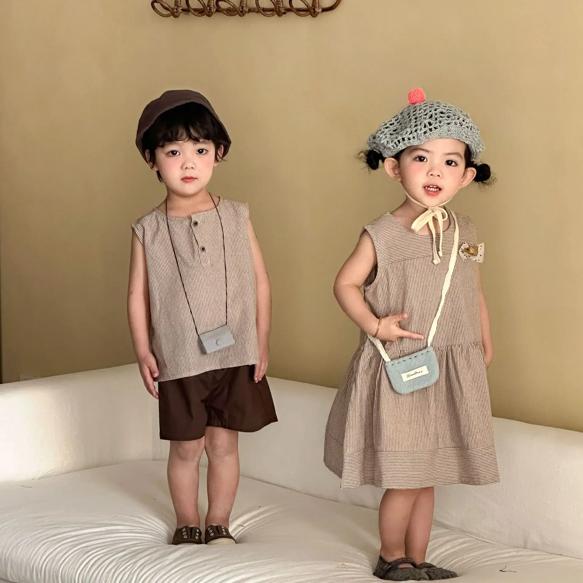 2026 Summer New Children Sleeveless Clothes Set Boys Striped Tops + Shorts 2pcs Suit Girls Vest Dress Brother Sisters Outfit