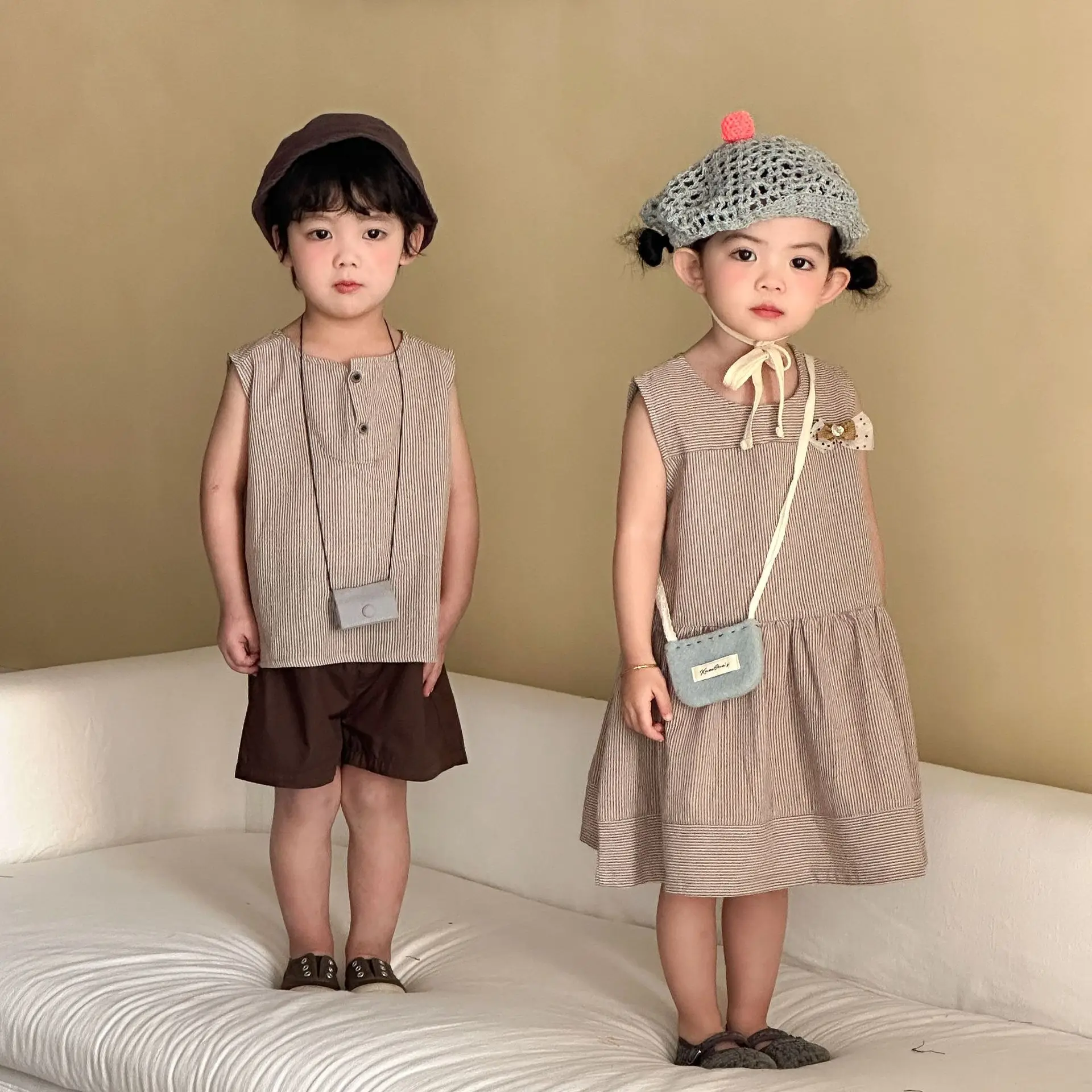 2026 Summer New Children Sleeveless Clothes Set Boys Striped Tops + Shorts 2pcs Suit Girls Vest Dress Brother Sisters Outfit