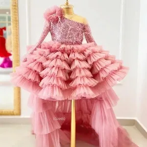 Kids Girl Party Princess Dress with Train Children Piano Girl Wedding Evening Party Celebration Performance Pageant Gown Flower